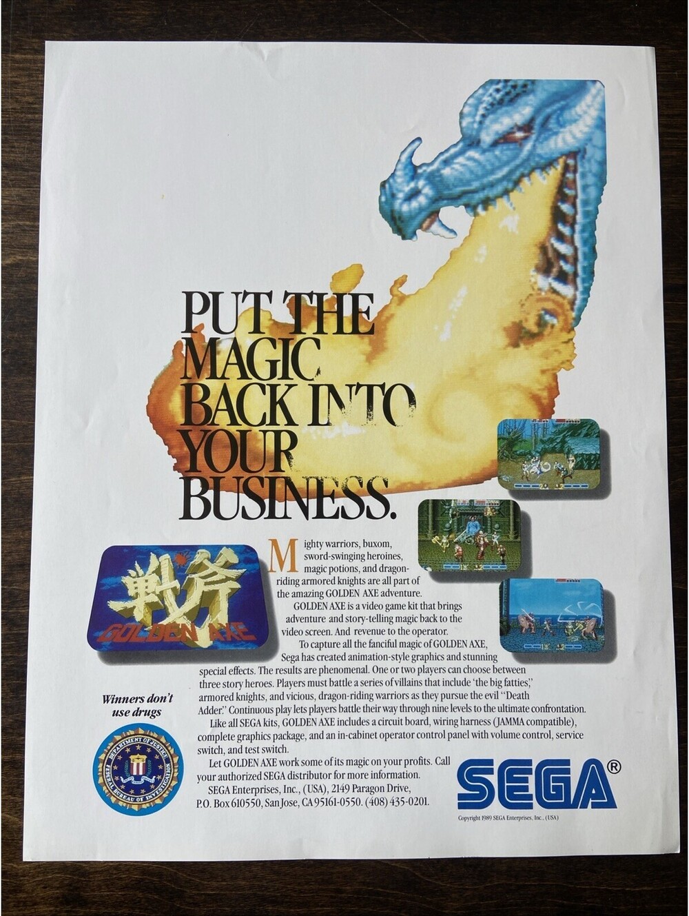Sega Golden Axe Arcade Pinball FLYER Original Ad Promo 1989 Poster Not PCB